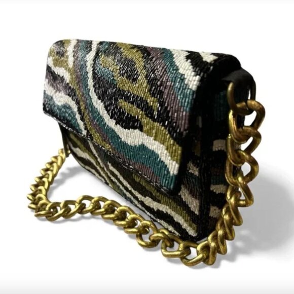 Hand Made in India Beaded Shoulder Abstract Design Bag Thick Chain NWT - Picture 2 of 6